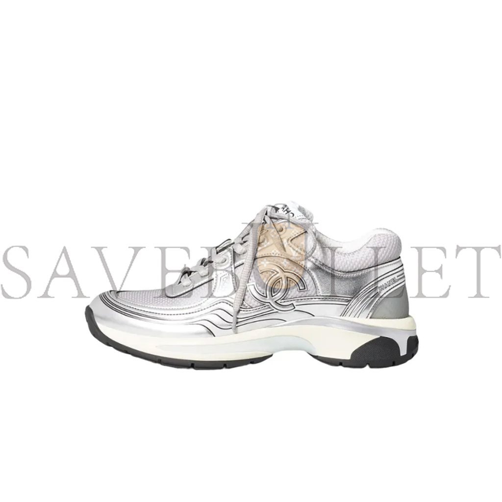 Ch*el  fabric laminated calfskin stretch cc sneakers white silver g39792